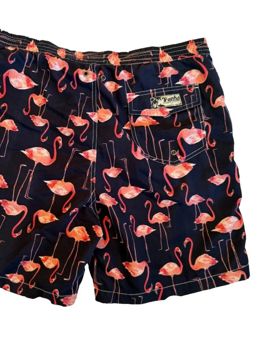 TRUNKS SURF & SWIM FLAMINGO PRINT NAVY BLUE PINK LINED SHORTS MENS SIZE XL